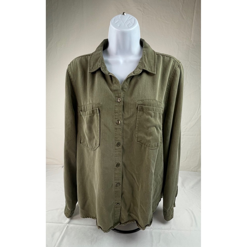 Adyson Parker Olive Green Utility Button Down Roll Tab Sleeve Shirt Womens L